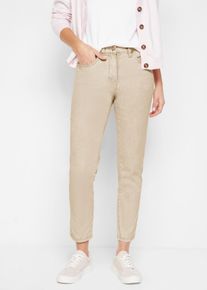 Webhose bonprix "Verk&uuml;rzte Twill-Hose im Used-Look", Damen, Gr. 38, N-Gr, beige (hellsand), Twill, Obermaterial: 97% Baumwolle, 3% Elasthan, unifarben, slim fit kn&ouml;chelfrei, Hosen Webhose, aus Baumwolle und Elasthan, schmale Silhouette, slim fit, Used-Look