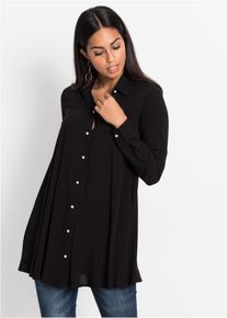 Langarmbluse bonprix, Damen, Gr. 38, schwarz, Web, Obermaterial: 100% Viskose, unifarben, A-Linie Po-bedeckend, 1-Knopf-Manschette mit Schlitz, Blusen Langarmbluse, A-Linie, f&uuml;r femininen Look, aus Viskose, mit Hemdblusenkragen