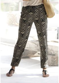 Jerseyhose Lascana, Damen, Gr. 46, N-Gr, beige (schwarz, creme, bedruckt), Jersey, Obermaterial: 100% Viskose, bedruckt, figurumspielend lang, Hosen Jerseyhose, mit Ethnomuster und Taschen, Sommerhose, Topseller