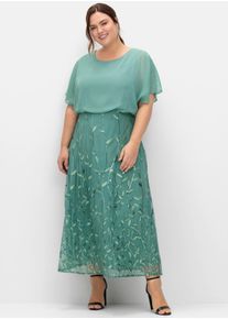 Abendkleid sheego "Abendkleid", Damen, Gr. 48, Normalgr&ouml;&szlig;en, gr&uuml;n (rauchgr&uuml;n), 100% Polyester, Spitze:100% Polyester, unifarben, lang, Rundhals, Kleider Abendkleid