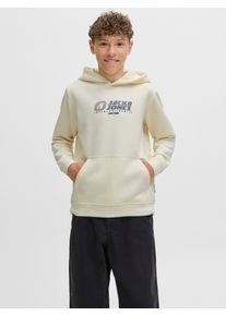 Jack & Jones Kapuzensweatshirt JACK & JONES JUNIOR "JCOTIER FRONT PRINT SWEAT HOOD JNR", Jungen, Gr. 152, sweet corn, angeraute Sweatware, Obermaterial: 70% Baumwolle, 30% Polyester, bedruckt, relaxed fit, Rippb&uuml;ndchen, Sweatshirts Kapuzensweatshirt
