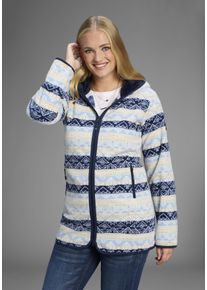 Fleecejacke Polarino, Damen, Gr. 52, blau, woll wei&szlig;, Fleece, Obermaterial: 100% Polyester. Kapuzenfutter: 100% Polyester, bedruckt, ethno, gemustert, kontrastfarbene Details, mehrfarbig, bequem Po-bedeckend, mit Paspel eingefasste Kante, Jacken Fleecejacke, Fleecejacke mit Print und Fellimitat in Kapuze