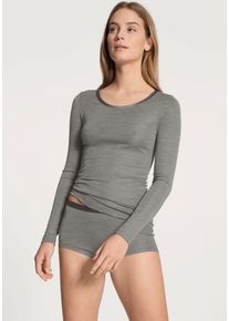 Langarmshirt Calida "True Confidence", Damen, Gr. XS (36/38), grau (platin mel&eacute;), Rippware, Obermaterial: 70% Wolle, 30% Seide, unifarben, Basic h&uuml;ftbedeckend, Rundhals, Shirts Langarmshirt, Rundhals, Feinripp, atmungsaktiv, Wellensaum