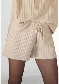 Shorts Lascana, Damen, Gr. 44/46, N-Gr, beige (sand, meliert), Rippware, Obermaterial: 56% Polyester, 41% Viskose, 3% Elasthan, meliert, unifarben, Basic, Basic kurz, Hosen Shorts, Lounge-/ Strickshorts meliert mit Bindeband, Loungewear, Topseller