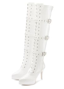 Overkneestiefel "High-Heel-Stiefelette mit Plateau", Damen, Gr. 44, wei&szlig;, Lacklederimitat, LASCANA Belle Affaire, gl&auml;nzend, unifarben, Schuhe Overkneestiefel, erotische Lack-Optik, mit Zierschnallen