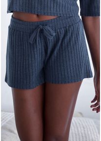 Shorts Lascana, Damen, Gr. 40/42, N-Gr, blau (blau, meliert), Rippware, Obermaterial: 56% Polyester, 41% Viskose, 3% Elasthan, meliert, unifarben, Basic, Basic kurz, Hosen Shorts, Lounge-/ Strickshorts meliert mit Bindeband, Loungewear
