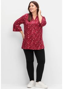 Longbluse sheego, Damen, Gr. 42, rot (dunkelrot, gemustert), 97% Viskose, 3% Elasthan, bedruckt, gebl&uuml;mt, gemustert, mehrfarbig, V-Ausschnitt, Blusen Longbluse
