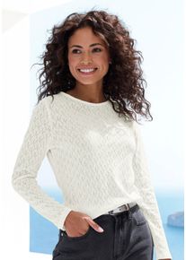 Langarmshirt Vivance "mit modischem Ajour-Muster", Damen, Gr. 48/50, beige (creme, schwarz), Stoff, Obermaterial: 60% Baumwolle, 40% Polyester, Basic schmal normal, Rundhals, abgesteppt, Shirts Langarmshirt, aus weichem Baumwollstrick, Topseller