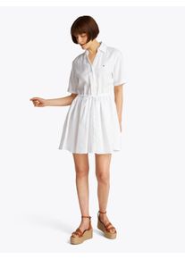 Hemdblusenkleid Tommy Hilfiger "ESS LINEN S/S SHORT DRESS", Damen, Gr. 46, N-Gr, wei&szlig; (optic wei&szlig;), Web, Obermaterial: 100% Leinen, unifarben, relaxed fit kurz, V-Ausschnitt, Aufschlag, Kleider Hemdblusenkleid, mit Tunnelzug in der Taille, mit R&uuml;ckenfalte,k&uuml;hlendes Premium Leinen