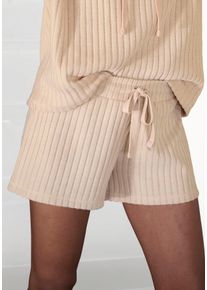 Shorts Lascana, Damen, Gr. 32/34, N-Gr, beige (sand, meliert), Rippware, Obermaterial: 56% Polyester, 41% Viskose, 3% Elasthan, meliert, unifarben, Basic, Basic kurz, Hosen Shorts, Lounge-/ Strickshorts meliert mit Bindeband, Loungewear, Topseller