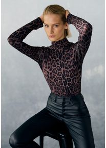 Rollkragenshirt Lascana, Damen, Gr. 44/46, braun (braun bedruckt), Jersey, Obermaterial: 95% Viskose, 5% Elasthan, bedruckt, figurbetont h&uuml;ftlang, Shirts Rollkragenshirt, mit Animalprint, Jerseyshirt, modisches Basic, Topseller