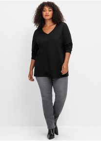 V-Shirt sheego "Langarmshirt", Damen, Gr. 48/50, schwarz, 100% Baumwolle, unifarben, V-Ausschnitt, Shirts V-Shirt