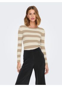 Jacqueline de Yong Rundhalspullover JDY "JDYPLUM L/S O-NECK PULLOVER KNT NOOS", Damen, Gr. XS, beige (humus stripes:birch), Strick, Obermaterial: 80% Viskose, 20% Nylon, geringelt, gestreift, figurbetont h&uuml;ftlang, Rundhals, Strickkante, Pullover Rundhalspullover