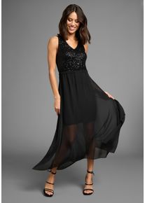 Abendkleid Laura Scott, Damen, Gr. 34, N-Gr, schwarz, Chiffon, Obermaterial: 95% Polyester, 5% Elasthan. Rock: 100% Polyester, unifarben, figurbetont ca. Mitte Wade, V-Ausschnitt, Kleider Abendkleid, mit Pailletten im Oberteil, Cocktailkleid, Topseller