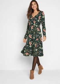 Jerseykleid bonprix "Baumwoll-Jerseykleid in Wickeloptik", Damen, Gr. 44/46 (L), N-Gr, gr&uuml;n (tiefgr&uuml;n gebl&uuml;mt), Obermaterial: 95% Baumwolle, 5% Elasthan, loose fit, Kleider Jerseykleid, f&uuml;r Alltag, aus Baumwolle und Elasthan, mit Wickeloptik