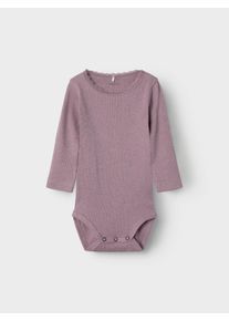 Langarmbody name it "NBFKAB LS BODY NOOS", M&auml;dchen, Gr. 74, N-Gr, lila (elderberry detail:melange), Jersey, Obermaterial: 57% Baumwolle, 38% Modal, 5% Elasthan, meliert, unifarben, normal, Rundhals, Bodys Langarmbody