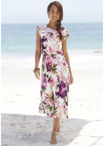 Beach Time Midikleid BEACHTIME, Damen, Gr. 36, N-Gr, wei&szlig; (wei&szlig; bedruckt), Jersey, Obermaterial: 100% Viskose, bedruckt, figurumspielend ca. Mitte Wade, Rundhals, Kleider Midikleid, mit Blumendruck und Gummizug, Sommerkleid, Strandkleid, Topseller