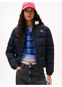 Steppjacke Tommy Jeans "TJW ESS PUFFER FLAG JACKET EXT", Damen, Gr. XXL (44), schwarz night navy, Web, Obermaterial: 100% Nylon, unifarben mit Farbeinsatz, regular fit, Jacken Steppjacke