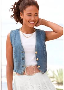 Jeansweste Buffalo, Damen, Gr. 46, blau (blau washed), Denim/Jeans, Obermaterial: 98% Baumwolle, 2% Elasthan, unifarben, figurbetont taillenlang, V-Ausschnitt, Westen Jeansweste, in verk&uuml;rzter L&auml;nge, figurbetonende Passform, modisch, Topseller