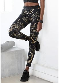 active by Lascana Funktionsleggings LASCANA ACTIVE, Damen, Gr. L (44/46), N-Gr, schwarz (schwarz, gold), Obermaterial: 85% Polyester, 15% Elasthan, bedruckt, gemustert, gl&auml;nzend, figurbetont kn&ouml;chellang, Hosen Funktionsleggings, Sportleggings mit gl&auml;nzendem Print und 3D Schriftzug, Topseller