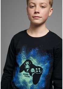 Langarmshirt Kidsworld "GAMER", Jungen, Gr. 128/134, schwarz, Jersey, Obermaterial: 100% Baumwolle, bedruckt, Basic, Basic, Rundhals, Shirts Langarmshirt, Gamer-Shirt Langarm, Basic-Passform, mit trendigem Aufdruck