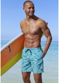 Badeshorts Bruno Banani "Riley", Herren, Gr. S (46/48), N-Gr, blau (blau bedruckt), Microfaser, Recycling-Polyester, bedruckt, Badehosen Badeshorts, mit Logodruck, Topseller