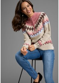 Troyer Laura Scott, Damen, Gr. 44/46, sand, gemustert, Strick, Obermaterial: 50% Viskose, 28% Polyester, 22% Polyamid, figurumspielend h&uuml;ftbedeckend, Raglan&auml;rmel Rippb&uuml;ndchen, Pullover Troyer, Winterstrick mit kuscheligem Norwegermuster - NEUE KOLLEKTION