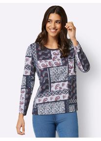 Langarmshirt Classic Basics "Langarm-Shirt", Damen, Gr. 46, grau (hellgrau, marine, bedruckt), 100% Baumwolle, bedruckt, gemustert, mehrfarbig, Rundhals, Shirts Langarmshirt