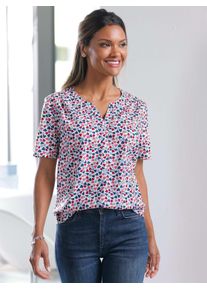 Kurzarmbluse Classic Basics, Damen, Gr. 54, beige (ecru, bedruckt), 100% Polyester, bedruckt, gemustert, mehrfarbig, V-Ausschnitt, Blusen Kurzarmbluse