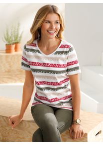 Print-Shirt Classic Basics "Shirt", Damen, Gr. 56, bunt (khaki, rot, gestreift), 100% Baumwolle, bedruckt, gemustert, gestreift, mehrfarbig, V-Ausschnitt, Shirts Print-Shirt