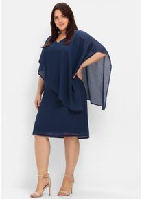 Cocktailkleid sheego "Cocktailkleid", Damen, Gr. 58, Normalgr&ouml;&szlig;en, blau (marine), 100% Polyester, unifarben, knielang, V-Ausschnitt, Kleider Cocktailkleid