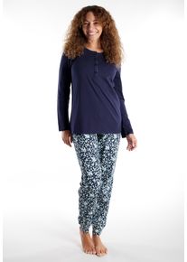 G&ouml;tzburg Schlafanzug G&Ouml;TZBURG "Katerini", Damen, Gr. 40L, blau (blau, mittel, allover), Obermaterial: 100% Baumwolle, bequem lang, Rundhals, Homewear-Sets Schlafanzug, Rundhalsausschnitt, Langarm, lange Hose, weich, bequem, Baumwolle