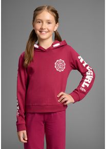 Kapuzensweatshirt Kidsworld "Shirt mit &Auml;rmelprint", M&auml;dchen, Gr. 140/146, rot (bordeaux), Sweatware, Obermaterial: 100% Baumwolle, bedruckt, Basic taillenbedeckt, B&uuml;ndchen, Sweatshirts Kapuzensweatshirt, Langarm, mit stylischem Print, mit Kapuze, aus Baumwolle