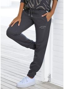 Sweathose Lascana, Damen, Gr. 44/46, N-Gr, grau (anthrazit), Sweatware, Obermaterial: 60% Baumwolle, 40% Polyester, bestickt, unifarben, bequem lang, Hosen Sweathose, Loungehose mit seitlichen Taschen und Logostickerei, Loungewear, Topseller