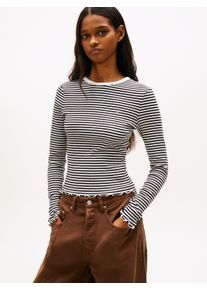 Langarmshirt Tommy Jeans "TJW SLIM SH LETTUCE EDGE RIB LS", Damen, Gr. S (36), schwarz, ecru stripe, Single Jersey, Obermaterial: 95% Baumwolle, 5% Elasthan, gestreift, slim fit normal, Rundhals, Shirts Langarmshirt, mit gerippter Struktur, gewellter Saum