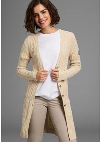 Longstrickjacke Kangaroos, Damen, Gr. 32/34, beige (wollwei&szlig;, beige), Strick, Obermaterial: 50% Baumwolle, 50% Polyacryl, Zopfmuster, meliert, figurbetont Po-bedeckend, V-Ausschnitt, Rippb&uuml;ndchen, Strickjacken Longstrickjacke, mit trendigem Zopfmuster und Taschen, Topseller