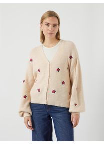 Strickjacke Y.A.S "YASFLEUR LS KNIT CARDIGAN S. NOOS", Damen, Gr. XS, birch detail:bouquet flower, Strick, Obermaterial: 52% Polyester, 26% Polyacryl, 10% Nylon, 9% Wolle, 3% Elasthan, bedruckt, regular fit h&uuml;ftbedeckend, V-Ausschnitt, Rippb&uuml;ndchen, Strickjacken Strickjacke