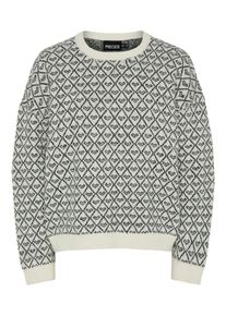 Rundhalspullover Pieces "PCNAVI LS O-NECK KNIT MM", Damen, Gr. S (36), wei&szlig; (cloud dancer aop:schwarz hearts), Strick, Obermaterial: 91% Polyester, 5% Wolle, 4% Elasthan, gemustert, Rundhals, Pullover Rundhalspullover