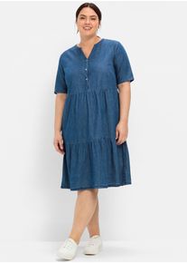 Jeanskleid sheego "Jeanskleid", Damen, Gr. 48, Normalgr&ouml;&szlig;en, blau (blau denim), 100% Baumwolle, unifarben, knielang, V-Ausschnitt, Kleider Jeanskleid