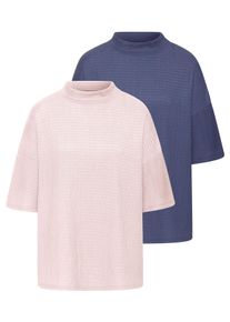 Kurzarmshirt Lascana "mit Stehkragen", Damen, Gr. 44/46, bunt (ros&eacute;, blau), Cr&ecirc;pe, Obermaterial: 97% Polyester, 3% Elasthan, unifarben, l&auml;ssig geschnitten, Shirts Kurzarmshirt, aus b&uuml;gelfreier Cr&ecirc;pe-Qualit&auml;t, Topseller