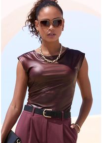 Rundhalsshirt Lascana, Damen, Gr. 44/46, blau (bordeaux), Jersey, Obermaterial: 95% Polyester, 5% Elasthan, leicht gl&auml;nzend, unifarben, figurbetont h&uuml;ftlang, U-Boot-Ausschnitt, angeschnitten, Shirts Rundhalsshirt, aus Lederimitat, Partytop