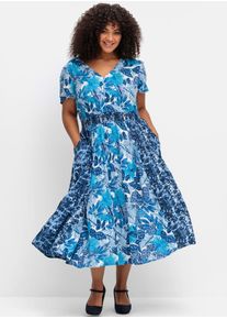 Blusenkleid sheego by Joe Browns "Kleid", Damen, Gr. 52, Normalgr&ouml;&szlig;en, blau (blau gemustert), 100% Viskose, bedruckt, gebl&uuml;mt, gemustert, mehrfarbig, wadenlang, V-Ausschnitt, Kleider Blusenkleid