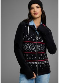 Fleecejacke Kangaroos, Damen, Gr. 44/46, schwarz (schwarz, pink), Fleece, Obermaterial: 100% Polyester, bedruckt, ethno, gemustert, kontrastfarbene Details, mehrfarbig, unifarben mit Farbeinsatz, bequem h&uuml;ftbedeckend, Rundhals, angesetztes B&uuml;ndchen mit Daumenl&ouml;chern, Jacken Fleecejacke, mit Norweger Muster und Kapuze