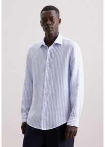 Businesshemd Seidensticker "Slim", Herren, Gr. M (40), normale &Auml;rmell&auml;ngen, blau, 100% Leinen, gestreift, slim fit, 2-Knopf-Manschette, Hemden Businesshemd, Slim 1/1 Kentkragen Streifen