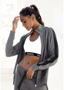 Sweatjacke BENCH. LOUNGEWEAR, Damen, Gr. 32/34, schwarz (anthrazit, meliert, schwarz), Jersey, Obermaterial: 60% Baumwolle, 40% Polyester, mehrfarbig, meliert, bequem h&uuml;ftbedeckend, ohne Ausschnitt, Raglan&auml;rmel Rippb&uuml;ndchen, Sweatjacken Sweatjacke, mit Seitenstreifen und Stehkragen, Loungewear, Topseller