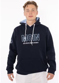 Hoodie Zwillingsherz "Moin", Herren, Gr. S, blau (marine), Sweatware, Obermaterial: 50% Baumwolle, 50% Polyester, unifarben, Basic h&uuml;ftbedeckend, Rundhals, angesetztes B&uuml;ndchen, Sweatshirts Hoodie, mit gesticktem Schriftzug und Ankermotiv am &Auml;rmel