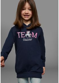 Kapuzensweatshirt Kidsworld "Longsweashirt mit Pailletten", M&auml;dchen, Gr. 104/110, blau (marine), Sweatware, Obermaterial: 100% Baumwolle, bedruckt, Basic Po-bedeckend, B&uuml;ndchen, Sweatshirts Kapuzensweatshirt, Langarm, Basic-Passform, mit modischem Druck, mit Kapuze