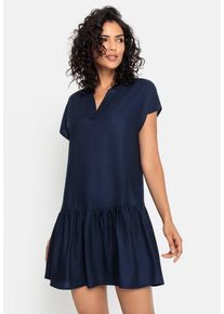 Blusenkleid s.Oliver, Damen, Gr. 44, N-Gr, blau (marine), Web, Obermaterial: 100% Viskose, unifarben, figurumspielend ca. Mitte Oberschenkel, V-Ausschnitt, Kleider Blusenkleid, mit Volant am Rock, Tunikakleid, Sommerkleid, Topseller