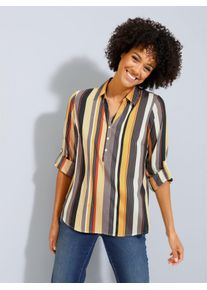 Langarmbluse Classic Basics, Damen, Gr. 38, braun (ocker, dunkeltaupe, gestreift), 100% Polyester, bedruckt, gemustert, gestreift, mehrfarbig, V-Ausschnitt, Blusen Langarmbluse