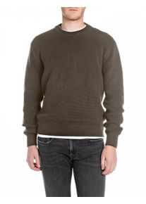 Strickpullover Replay, Herren, Gr. M, gr&uuml;n (mud gr&uuml;n), Strick, Obermaterial: 100% Baumwolle, unifarben, regular fit normal, Rundhals, Rippstrickb&uuml;ndchen, Pullover Strickpullover, mit Rundhals
